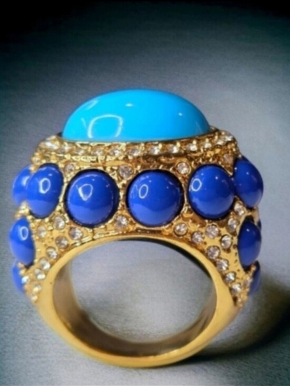 Chunky Gold High-end Designer Turquoise Lapis Lazuli Pave Crystal Statement Ring